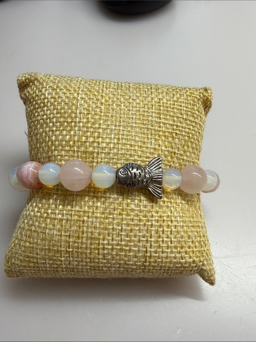 Handcrafted Pink Jade and  Opalite Beaded Bracelet with Silver Fish Accent